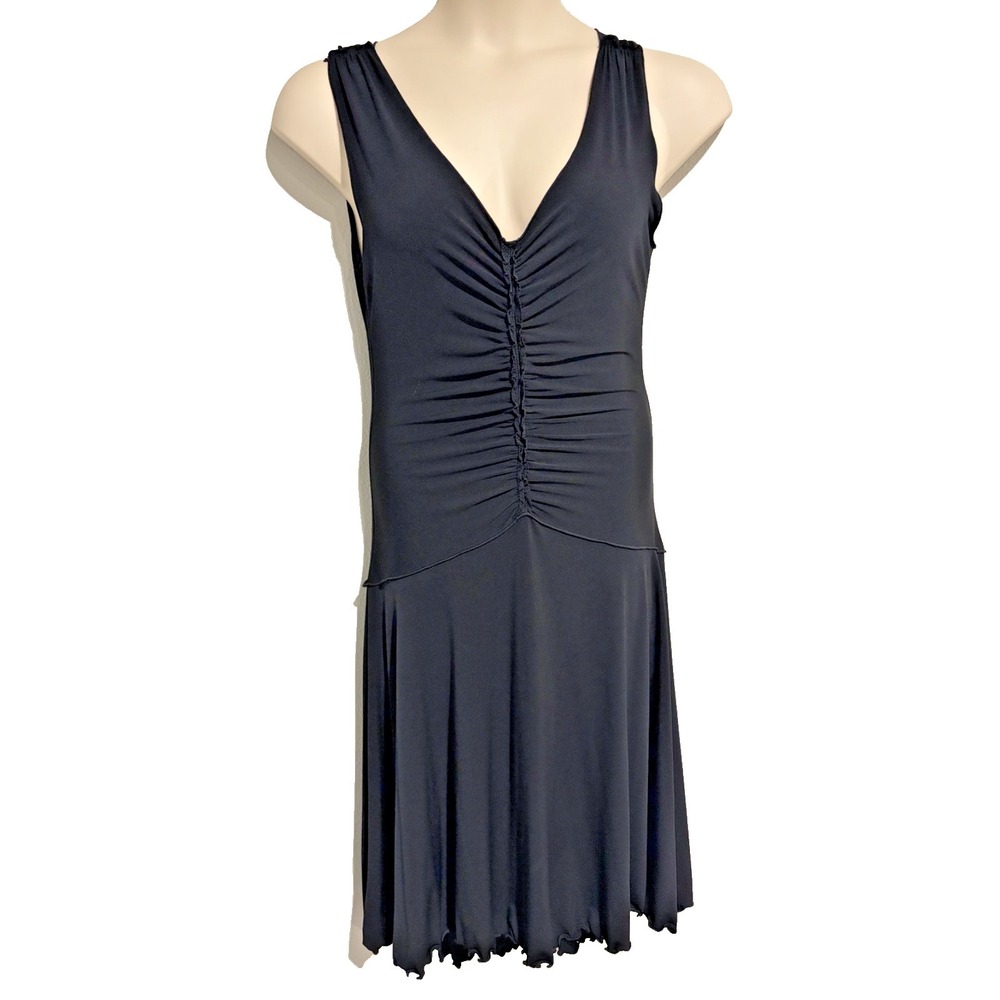 Max Studio Black Ruched Midi Dress~M~Fit & Flair Deep V Sleeveless Knit Vtg Y2K